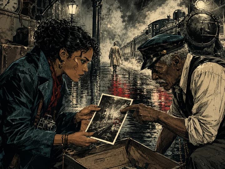 Cena em graphic novel: dois personagens examinam uma fotografia numa estação de trem à noite